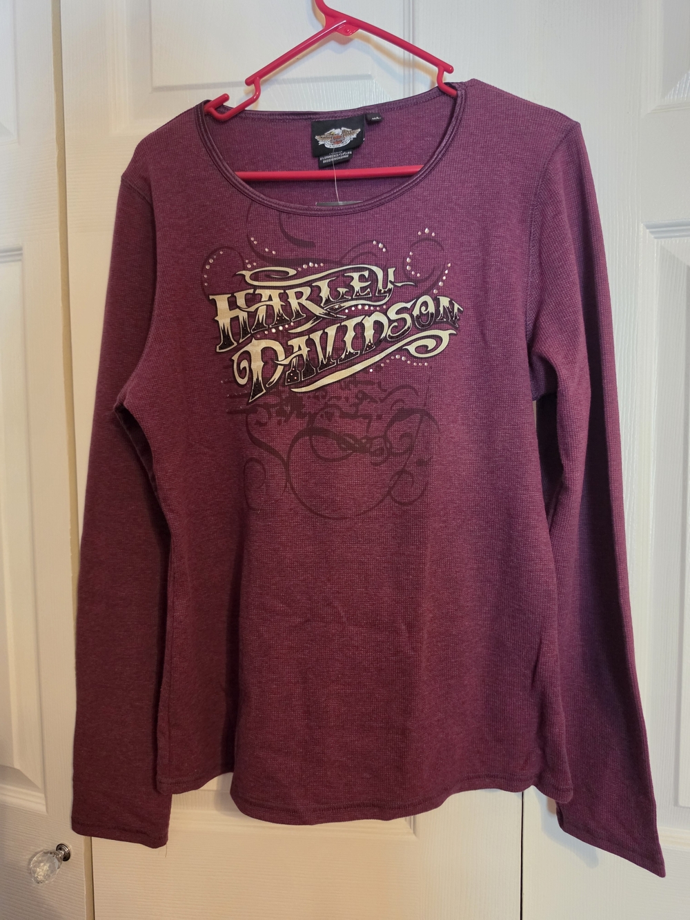 Harley-Davidson Deep Plum Long Sleeve Graphic Tee with Metallic Gold Logo